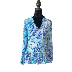 Lilly Pulitzer Savanna Turquoise Oasis Wave After Wave Ruffle Top Women small
